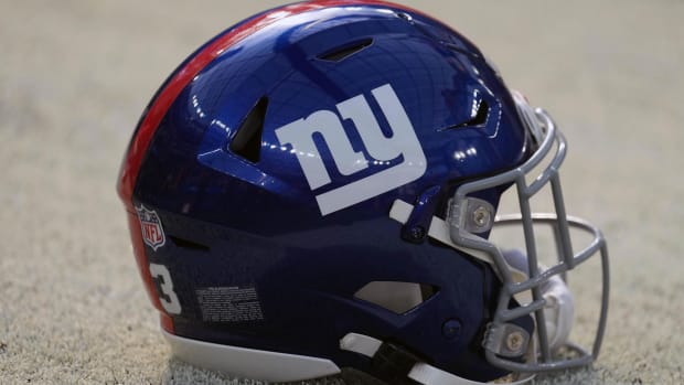 Dec 12, 2021; Inglewood, California, USA; A detailed view of a New York Giants helmet at SoFi Stadium.